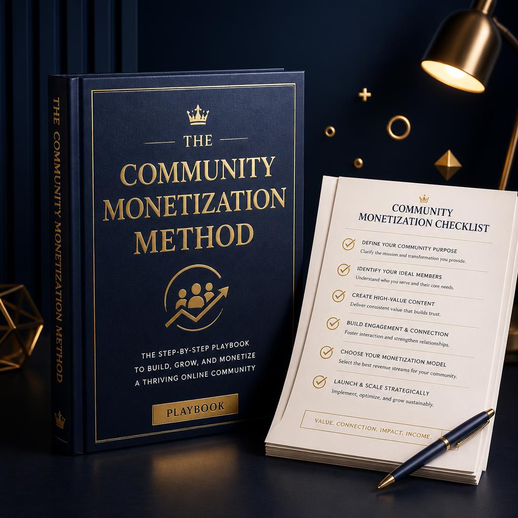 The Community Monetization Method playbook with its step-by-step checklist pages