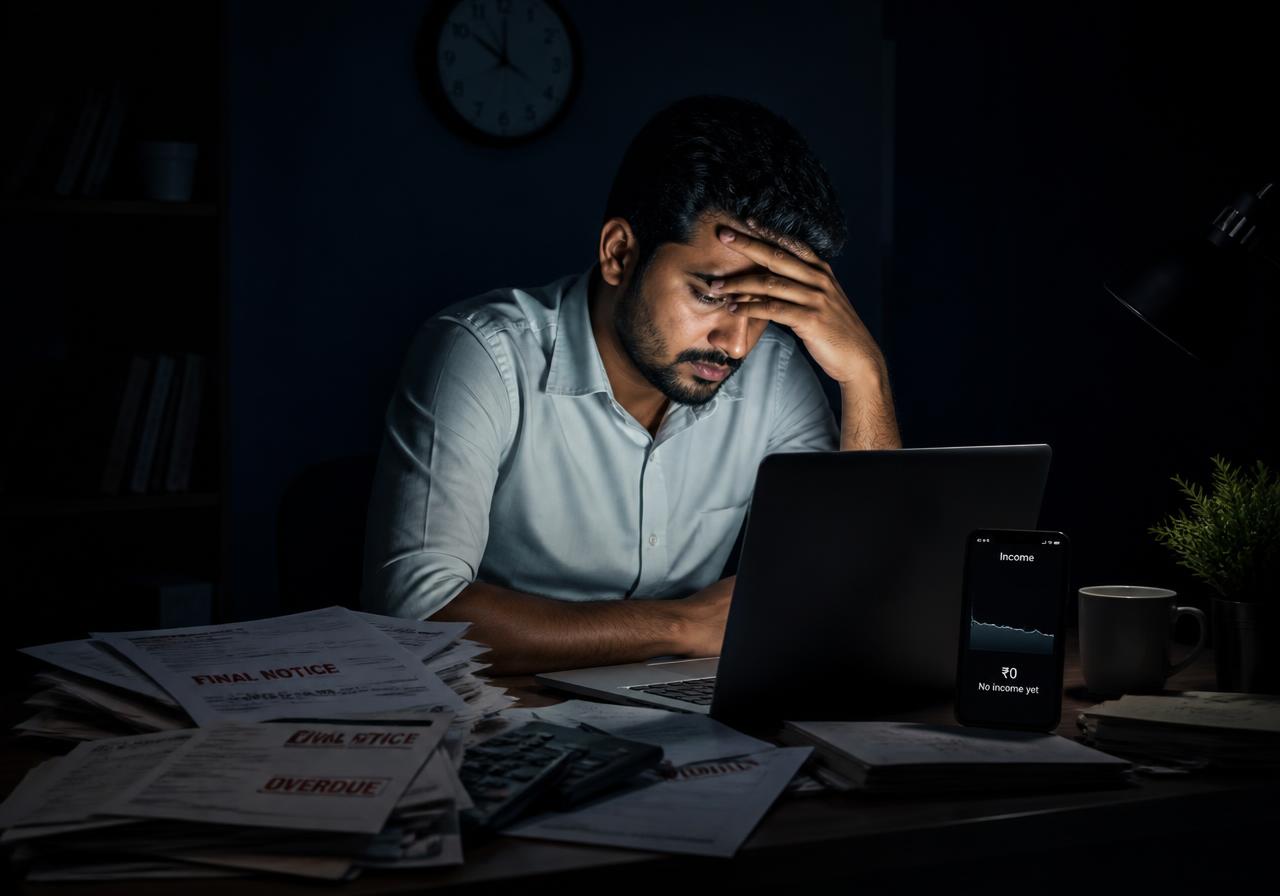 Professional sitting alone at night stressed about money