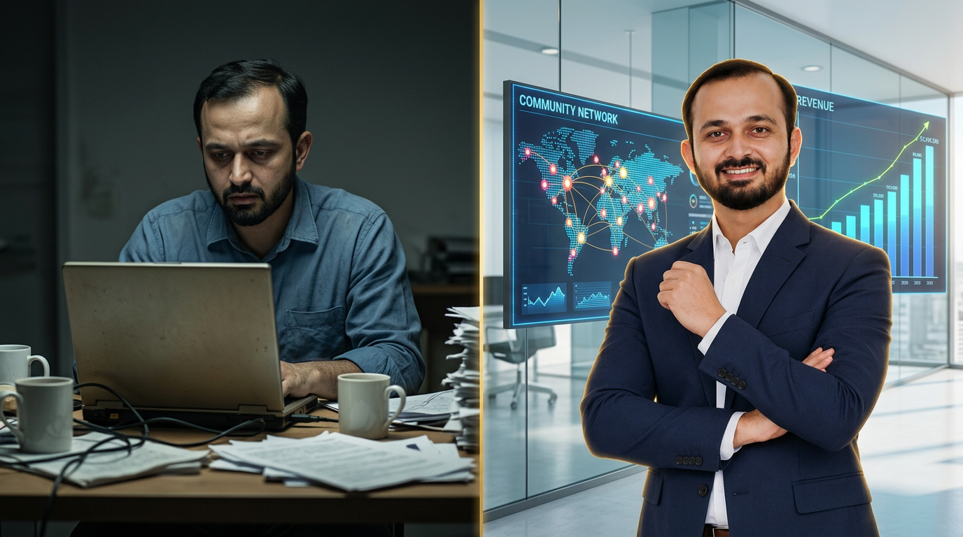 Mehulkumar Tank then and now: struggling at a cluttered desk versus leading a thriving community business