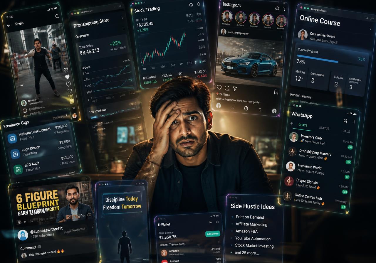 Overwhelmed professional surrounded by reels, courses, trading and freelancing dashboards